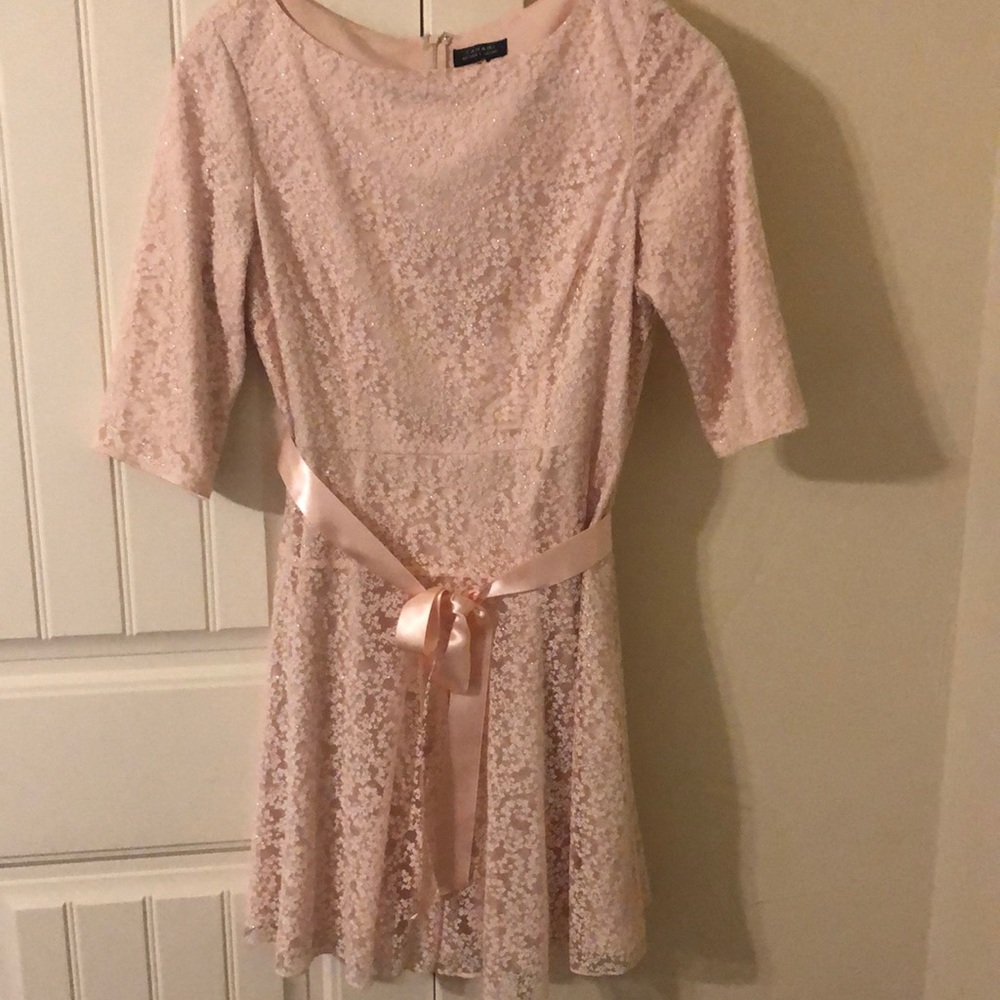COPY - Tahari blush sheer sparkle/fully lined 3/4 sleeve dress. EUC. See measur…